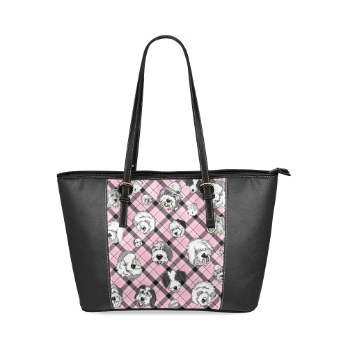 Oes Faces Pink Plaid on black Leather Tote Bag/Small (Model 1640)