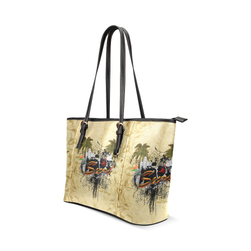 Surfing, surfdesign with surfboard and palm Leather Tote Bag/Large (Model 1640)