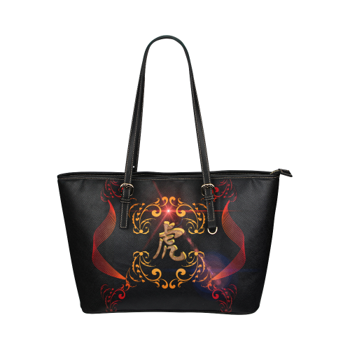 Hieroglyph, the tiger Leather Tote Bag/Small (Model 1651)