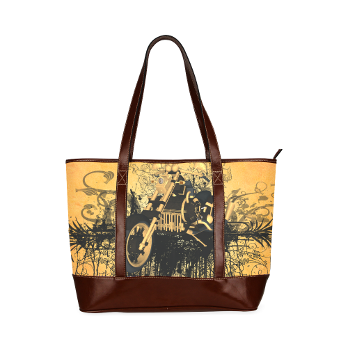 Steampunk, awesome motorcycle with floral elements Tote Handbag (Model 1642)