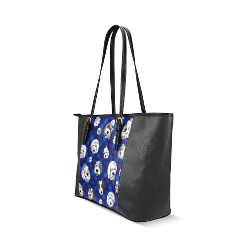 Blue plaid sheepies on black Leather Tote Bag/Small (Model 1640)