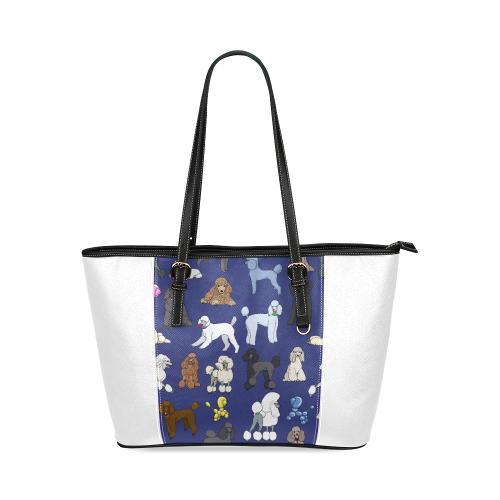 poodles navy on white Leather Tote Bag/Small (Model 1640)