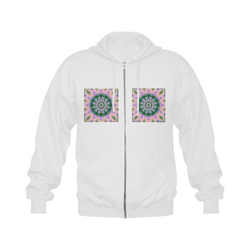 Rose Pink Green Explosion of Flowers Mandala Gildan Full Zip Hooded Sweatshirt (Model H02)