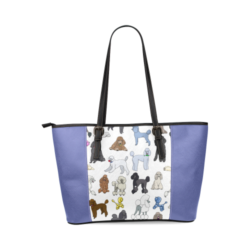 poodles white & blue Leather Tote Bag/Small (Model 1640)