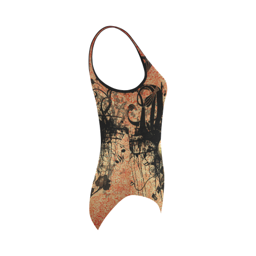 Decorative clef with floral elements and grunge Vest One Piece Swimsuit (Model S04)