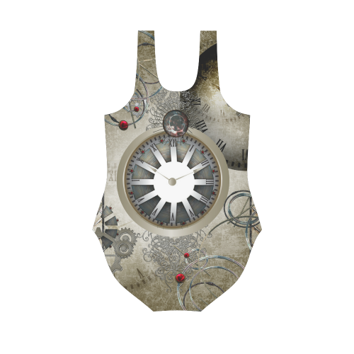 Steampunk, noble design, clocks and gears Vest One Piece Swimsuit (Model S04)