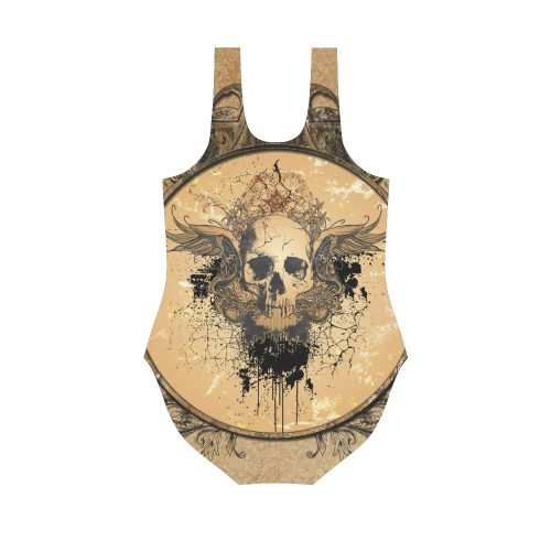 Awesome skull with wings and grunge Vest One Piece Swimsuit (Model S04)