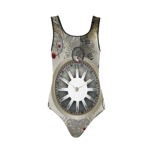 Steampunk, noble design, clocks and gears Vest One Piece Swimsuit (Model S04)