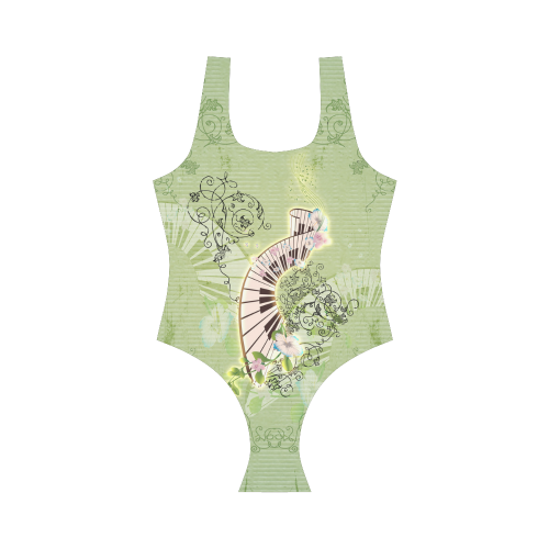 Wonderful piano with flowers on green background Vest One Piece Swimsuit (Model S04)