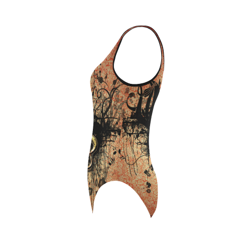 Decorative clef with floral elements and grunge Vest One Piece Swimsuit (Model S04)