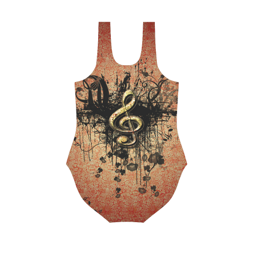 Decorative clef with floral elements and grunge Vest One Piece Swimsuit (Model S04)