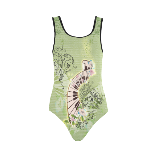 Wonderful piano with flowers on green background Vest One Piece Swimsuit (Model S04)