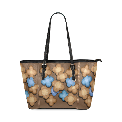 Brown and Blue Flowers Leather Tote Bag/Large (Model 1640)