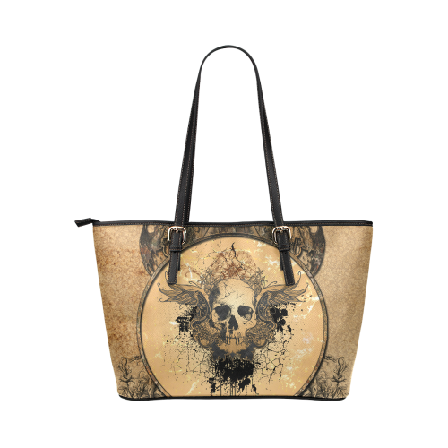 Awesome skull with wings and grunge Leather Tote Bag/Small (Model 1651)
