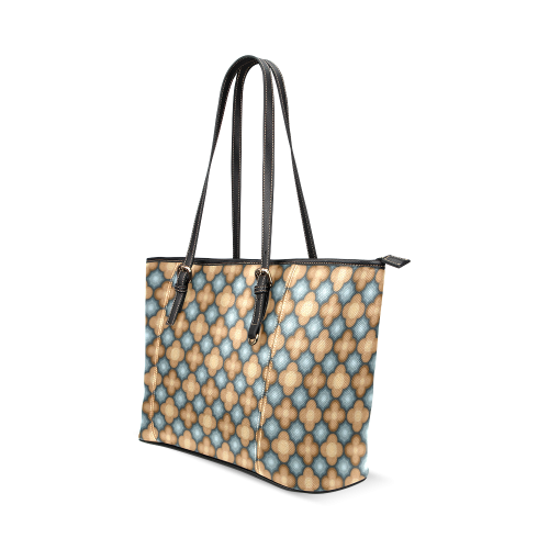 Brown, Blue Floral Pattern Leather Tote Bag/Large (Model 1640)