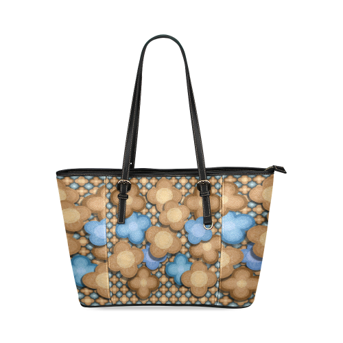 Brown and Blue Floral Leather Tote Bag/Small (Model 1640)