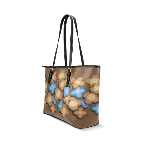 Brown and Blue Flowers Leather Tote Bag/Small (Model 1640)