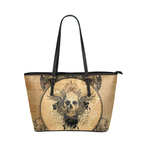 Awesome skull with wings and grunge Leather Tote Bag/Large (Model 1651)