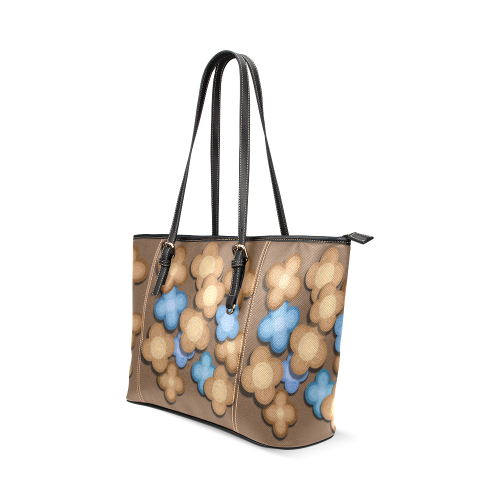 Brown and Blue Flowers Leather Tote Bag/Large (Model 1640)