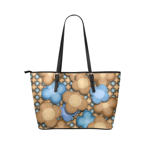 Brown and Blue Floral Leather Tote Bag/Small (Model 1651)
