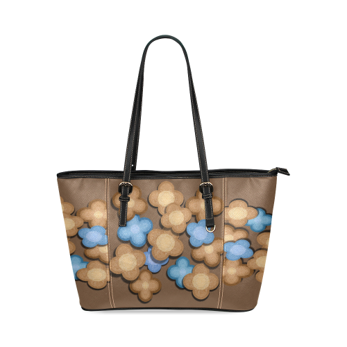 Brown and Blue Flowers Leather Tote Bag/Small (Model 1640)