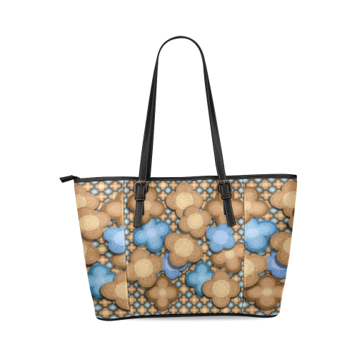 Brown and Blue Floral Leather Tote Bag/Small (Model 1640)