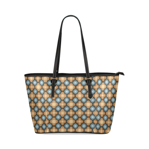 Brown, Blue Floral Pattern Leather Tote Bag/Large (Model 1640)