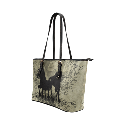 Beautiful horses, solhouette in black Leather Tote Bag/Small (Model 1651)