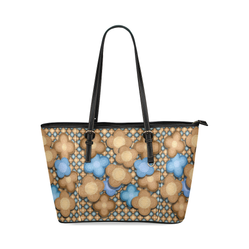 Brown and Blue Floral Leather Tote Bag/Large (Model 1640)