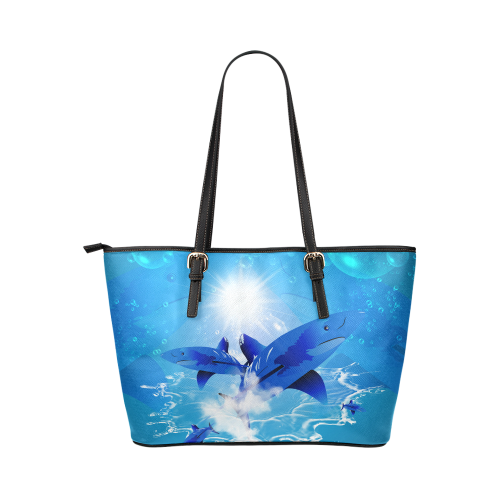 The cartoon sharks Leather Tote Bag/Large (Model 1651)