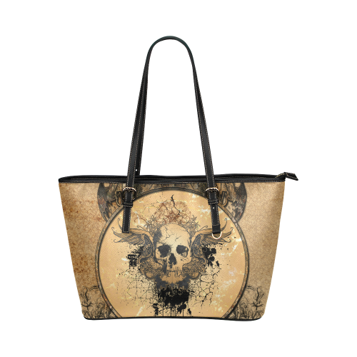 Awesome skull with wings and grunge Leather Tote Bag/Small (Model 1651)