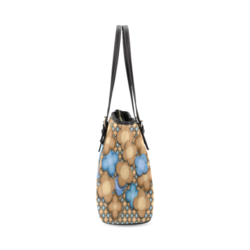 Brown and Blue Floral Leather Tote Bag/Large (Model 1640)