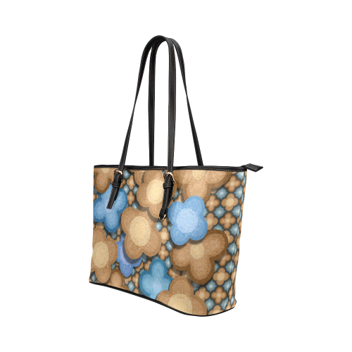 Brown and Blue Floral Leather Tote Bag/Small (Model 1651)