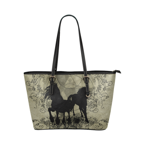 Beautiful horses, solhouette in black Leather Tote Bag/Small (Model 1651)