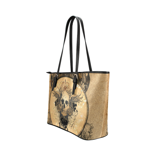 Awesome skull with wings and grunge Leather Tote Bag/Large (Model 1651)