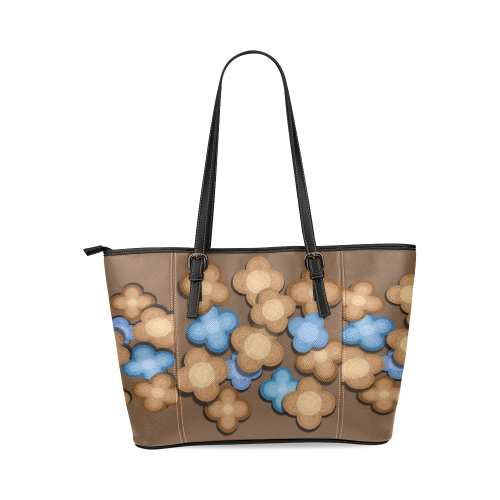 Brown and Blue Flowers Leather Tote Bag/Small (Model 1640)
