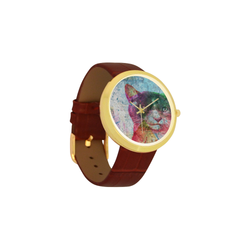Cat Women's Golden Leather Strap Watch(Model 212)