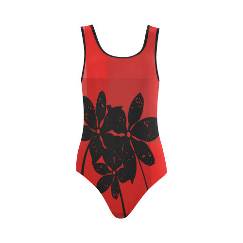 Black flowers Vest One Piece Swimsuit (Model S04)
