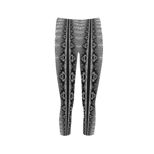 Kaleidoscope Fractal BORDER black white grey Capri Legging (Model L02)
