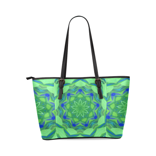 Cute Blue and green Angelfish Flower Leather Tote Bag/Small (Model 1640)