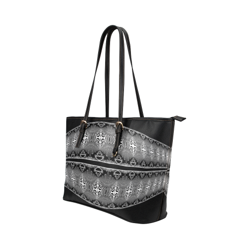 Kaleidoscope Fractal BORDER black white grey Leather Tote Bag/Large (Model 1651)