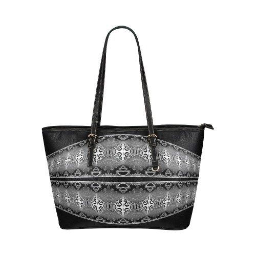 Kaleidoscope Fractal BORDER black white grey Leather Tote Bag/Large (Model 1651)