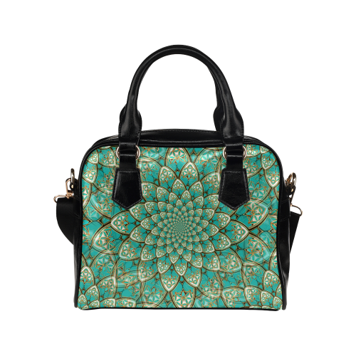 LOTUS FLOWER PATTERN gold turquoise white Shoulder Handbag (Model 1634)