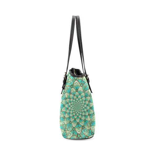 LOTUS FLOWER PATTERN gold turquoise white Leather Tote Bag/Small (Model 1640)