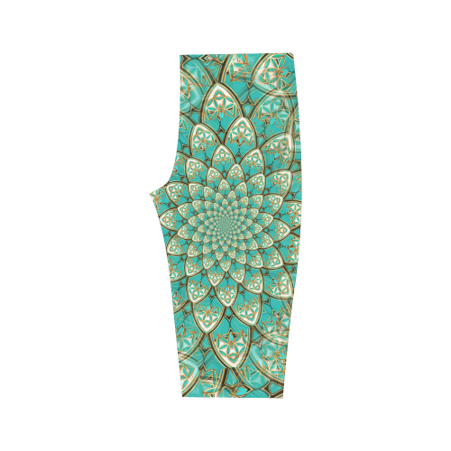 LOTUS FLOWER PATTERN gold turquoise white Hestia Cropped Leggings (Model L03)