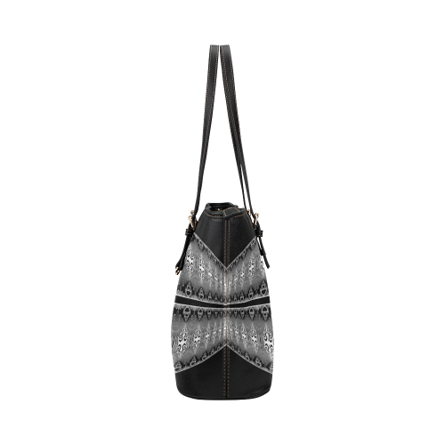 Kaleidoscope Fractal BORDER black white grey Leather Tote Bag/Large (Model 1651)
