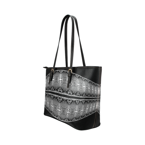 Kaleidoscope Fractal BORDER black white grey Leather Tote Bag/Large (Model 1651)