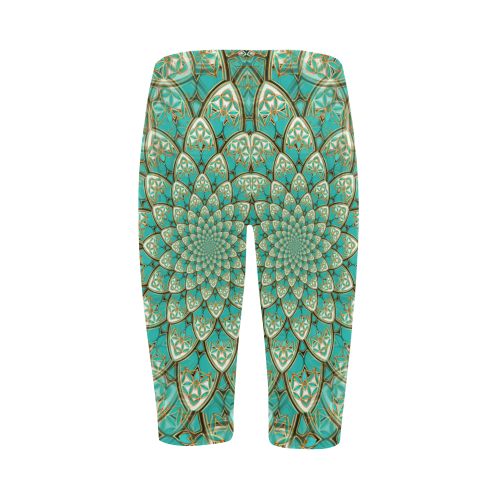 LOTUS FLOWER PATTERN gold turquoise white Hestia Cropped Leggings (Model L03)