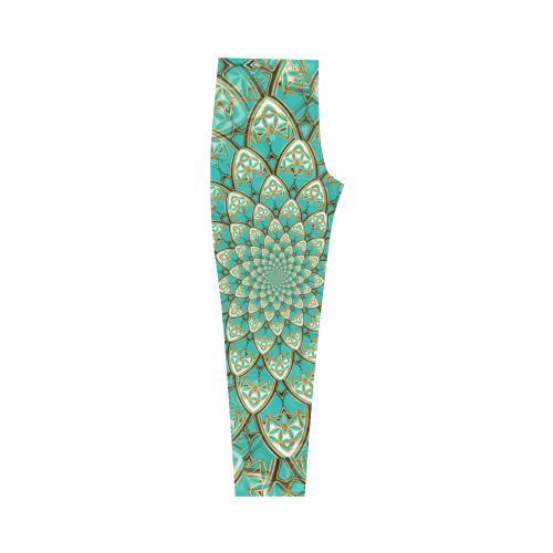 LOTUS FLOWER PATTERN gold turquoise white Capri Legging (Model L02)