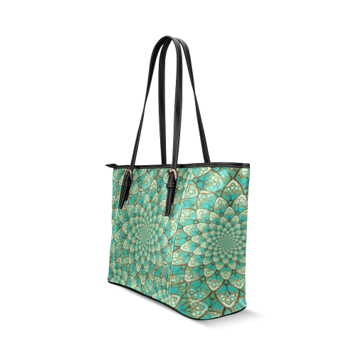 LOTUS FLOWER PATTERN gold turquoise white Leather Tote Bag/Small (Model 1640)